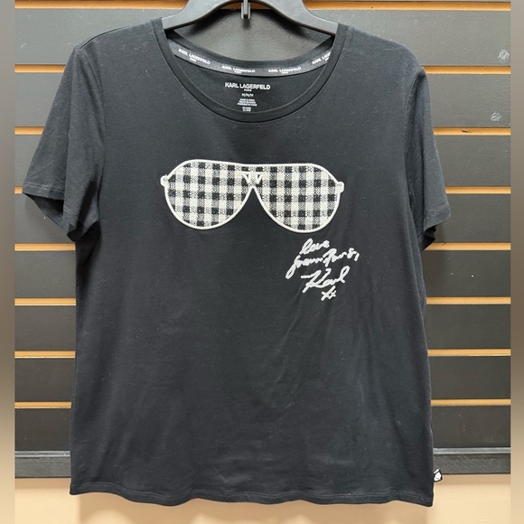 Karl Lagerfeld Black Tee with Plaid Sunglasses Graphic - Picture 1 of 3